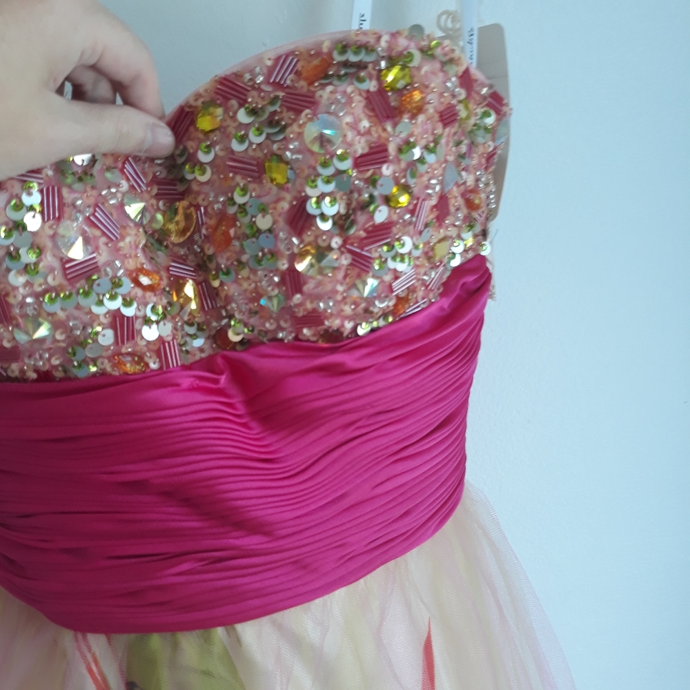 Pink multicolor sequin beaded strapless abstract floral print tulle prom dress - Picture 3 of 8
